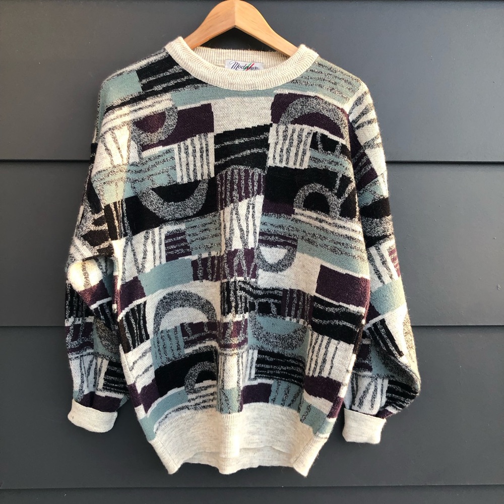 Vintage Grandpa crew neck Sweater - Abstract knit - wool mix - L